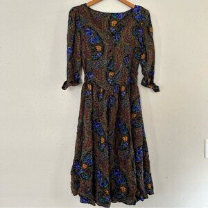 Vintage Brown Purple Button Front Mid Sleeve Midi Dress Witch Salem Size 10 12
